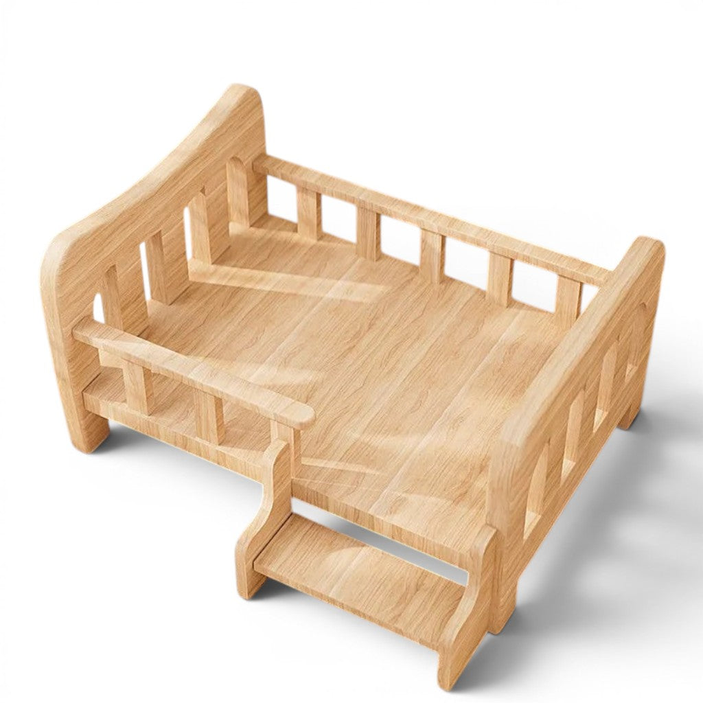 Lit pour chat Esprit Chat en bois naturel avec barrières de sécurité et petit escalier d'accès