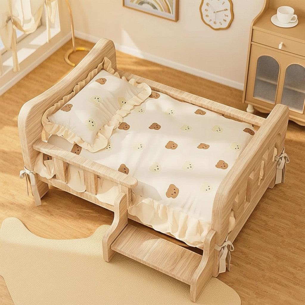 Lit pour chat Esprit Chat en bois naturel avec literie à motifs d'ours et petit escalier intégré