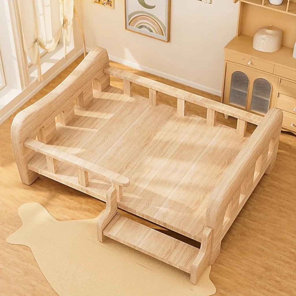 Lit pour chat Esprit Chat en bois naturel avec barrières de sécurité et petit escalier intégré pour intérieur