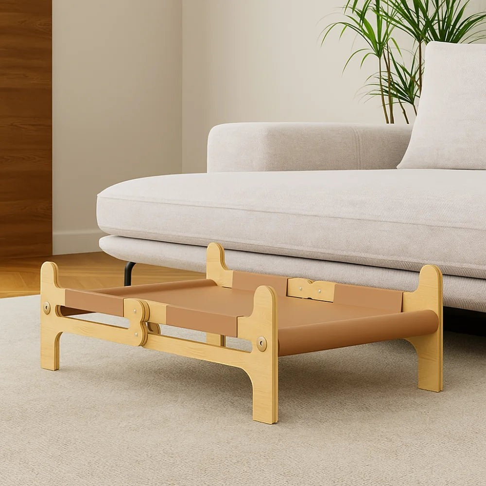 Lit pour chat Esprit Chat surélevé en bois avec tissu technique marron, design moderne et stable pour intérieur