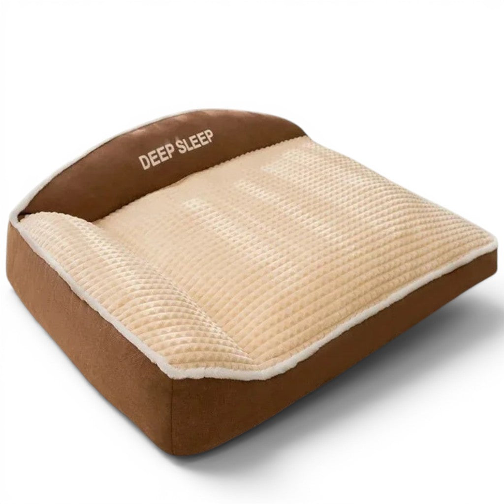 Lit douillet pour chat Esprit Chat en velours côtelé marron et beige avec rebord confortable et inscription Deep Sleep