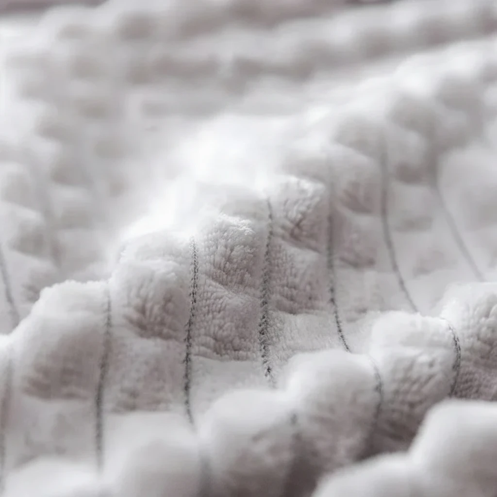 Gros plan sur la texture douce et respirante en velours côtelé blanc du lit pour chat Esprit Chat