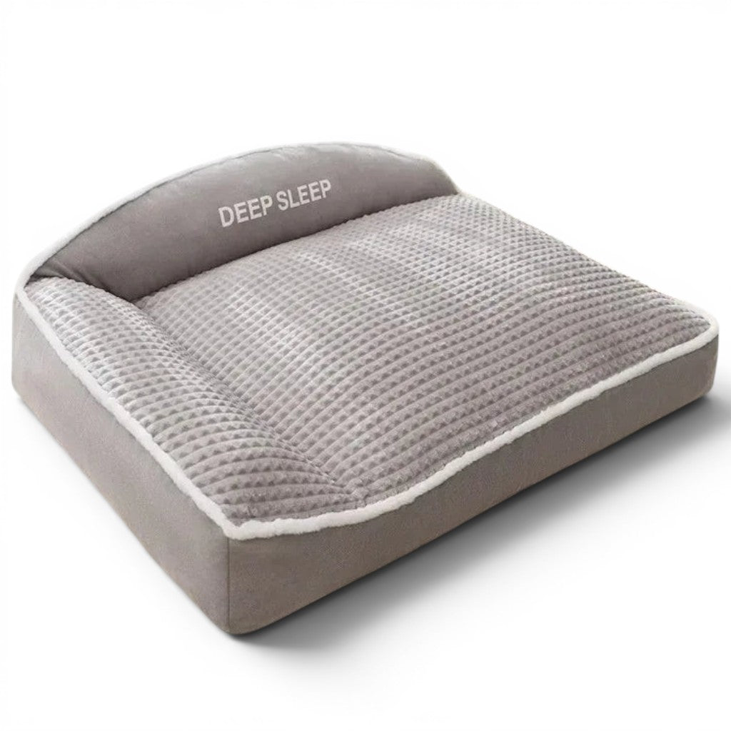 Lit douillet Esprit Chat en velours côtelé gris avec bordures surélevées et inscription Deep Sleep pour animaux