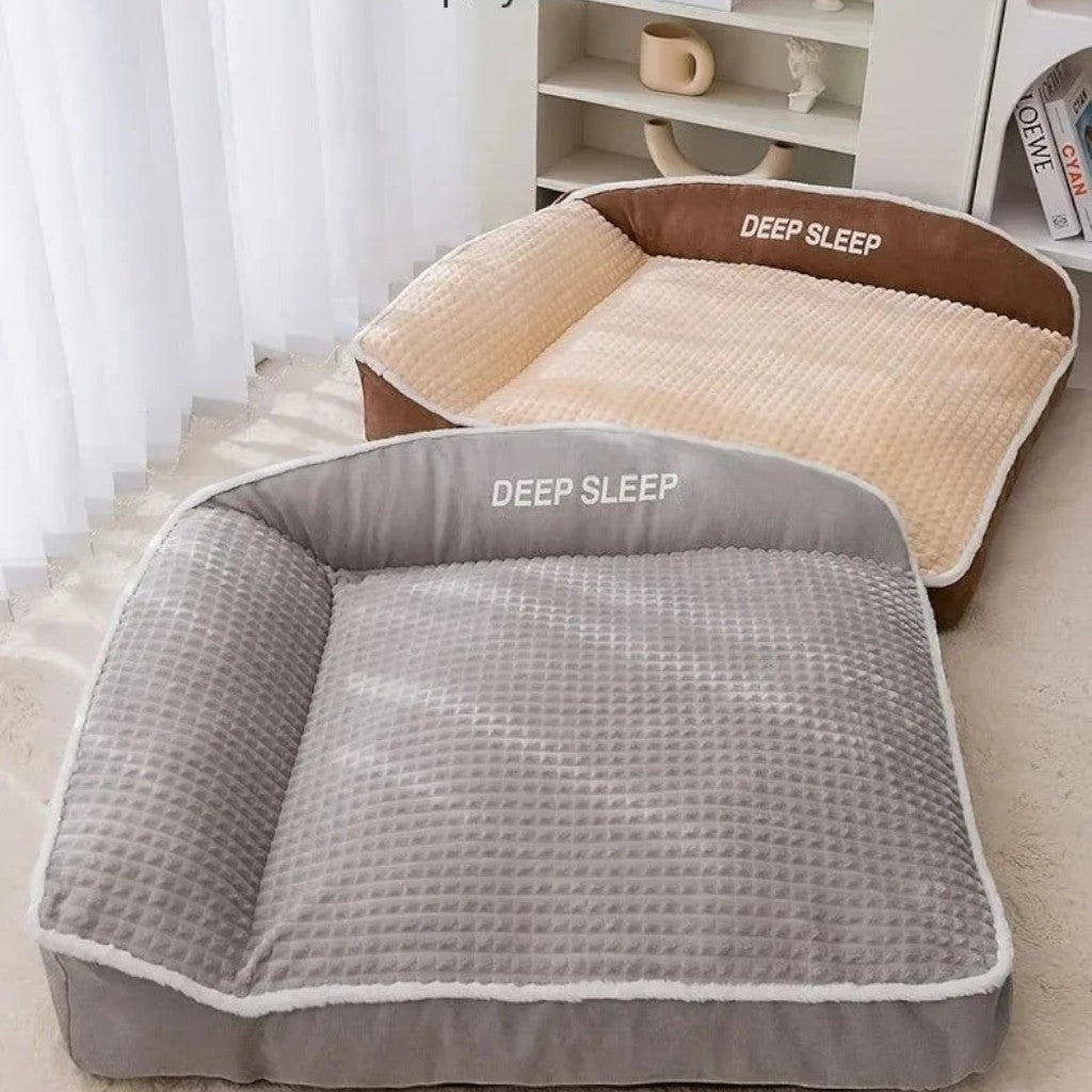 Lits douillets Esprit Chat en velours côtelé gris et beige avec rebords confortables pour animaux