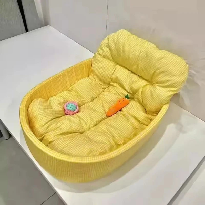 Lit douillet Esprit Chat jaune à motif vichy avec coussin rembourré confortable pour chat ou petit chien