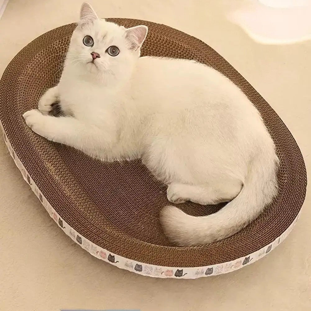 Chat blanc allongé sur un lit griffoir ovale en carton ondulé Esprit Chat, idéal pour faire ses griffes et se reposer