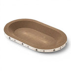 Lit griffoir ovale en carton ondulé couleur kaki pour chat, marque Esprit Chat, avec motif de petits chats sur le bord