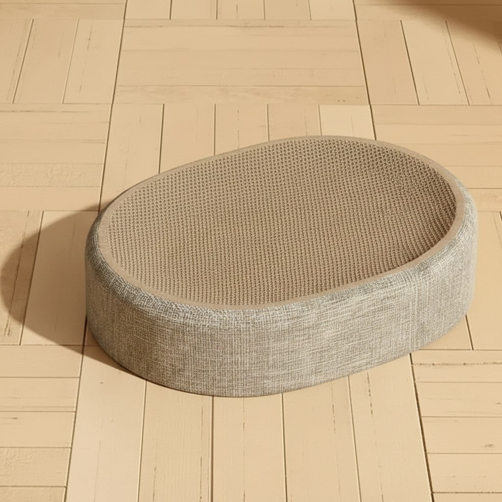Lit griffoir Esprit Chat ovale en sisal beige avec bordure texturée pour le repos et le griffage des chats