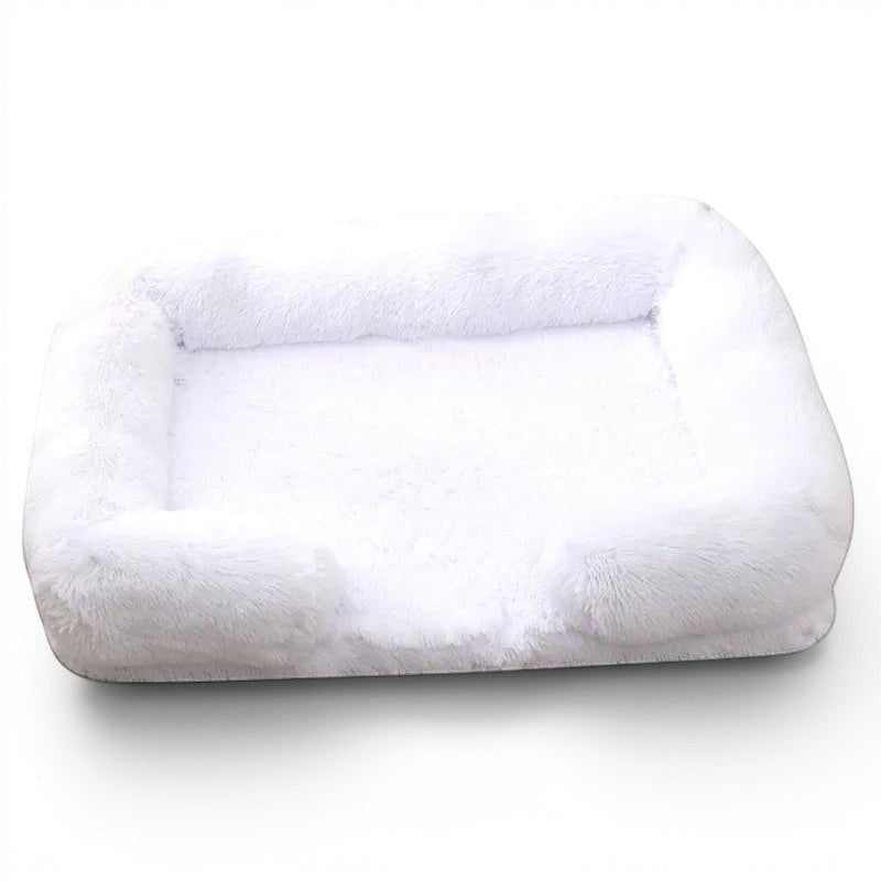 Lit pour chat Esprit Chat rectangulaire en peluche blanche douce avec rebords confortables et housse amovible
