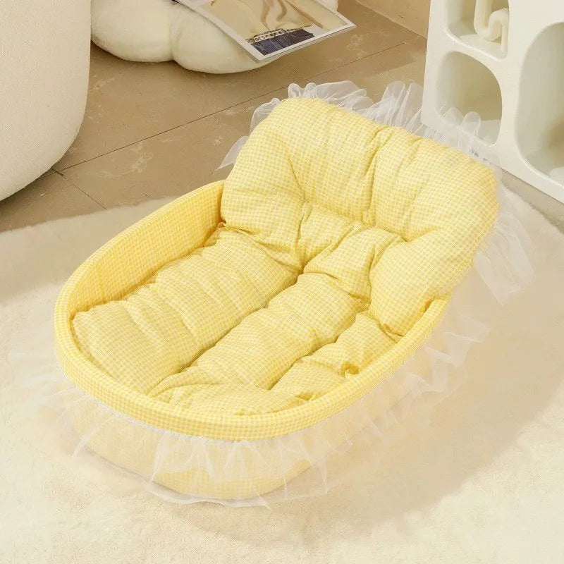 Lit pour chat Esprit Chat jaune à carreaux style princesse avec jupe en tulle et rembourrage confortable