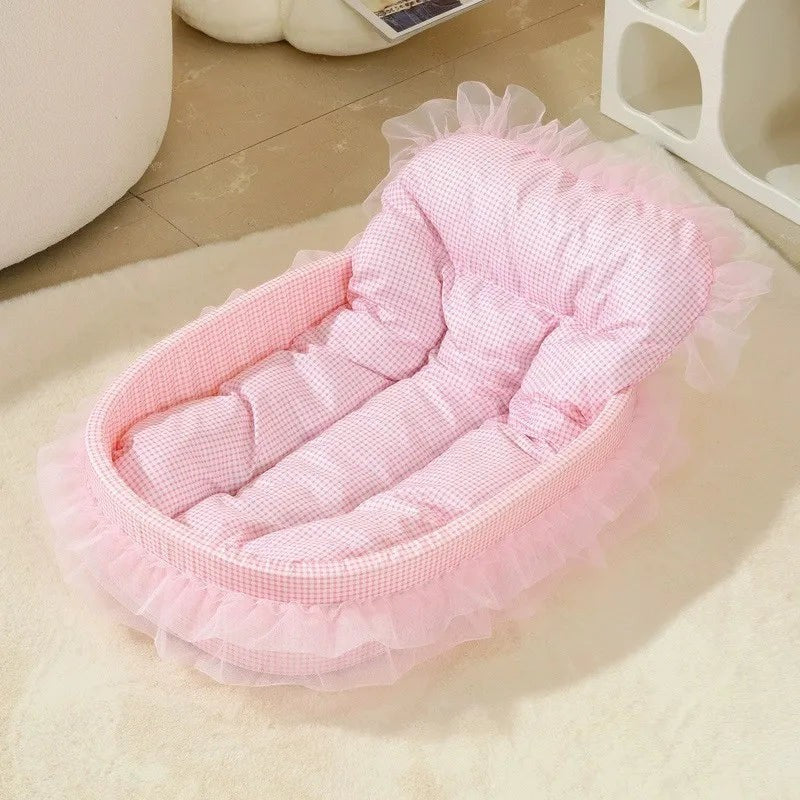 Lit pour chat Esprit Chat rose à motif vichy avec jupe en tulle style princesse et rembourrage confortable