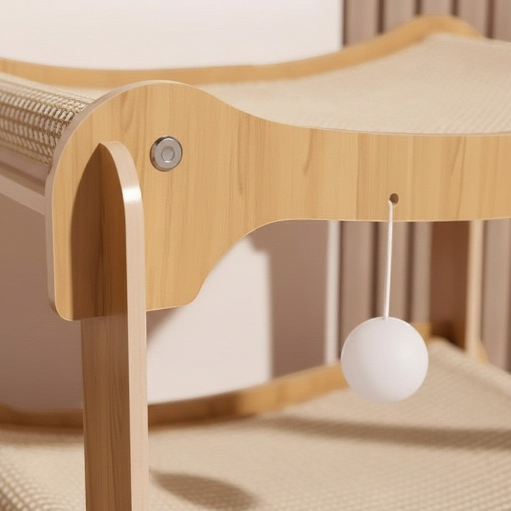 Lit superposé en bois Esprit Chat avec hamacs en tissu et balle suspendue pour le repos et le jeu des chats