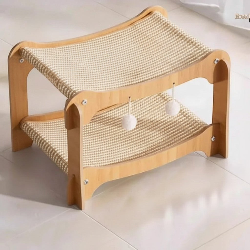 Lit superposé pour chat Esprit Chat en bois avec deux niveaux de griffoirs en sisal et pompons suspendus