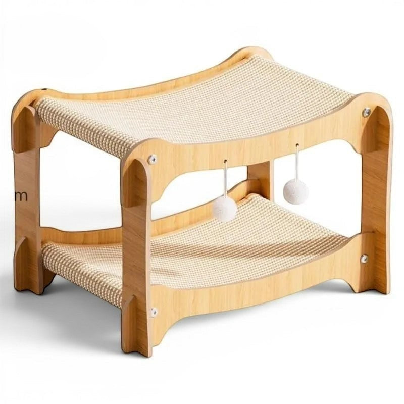 Lit superposé pour chat Esprit Chat en bois avec deux hamacs en tissu beige et jouets suspendus