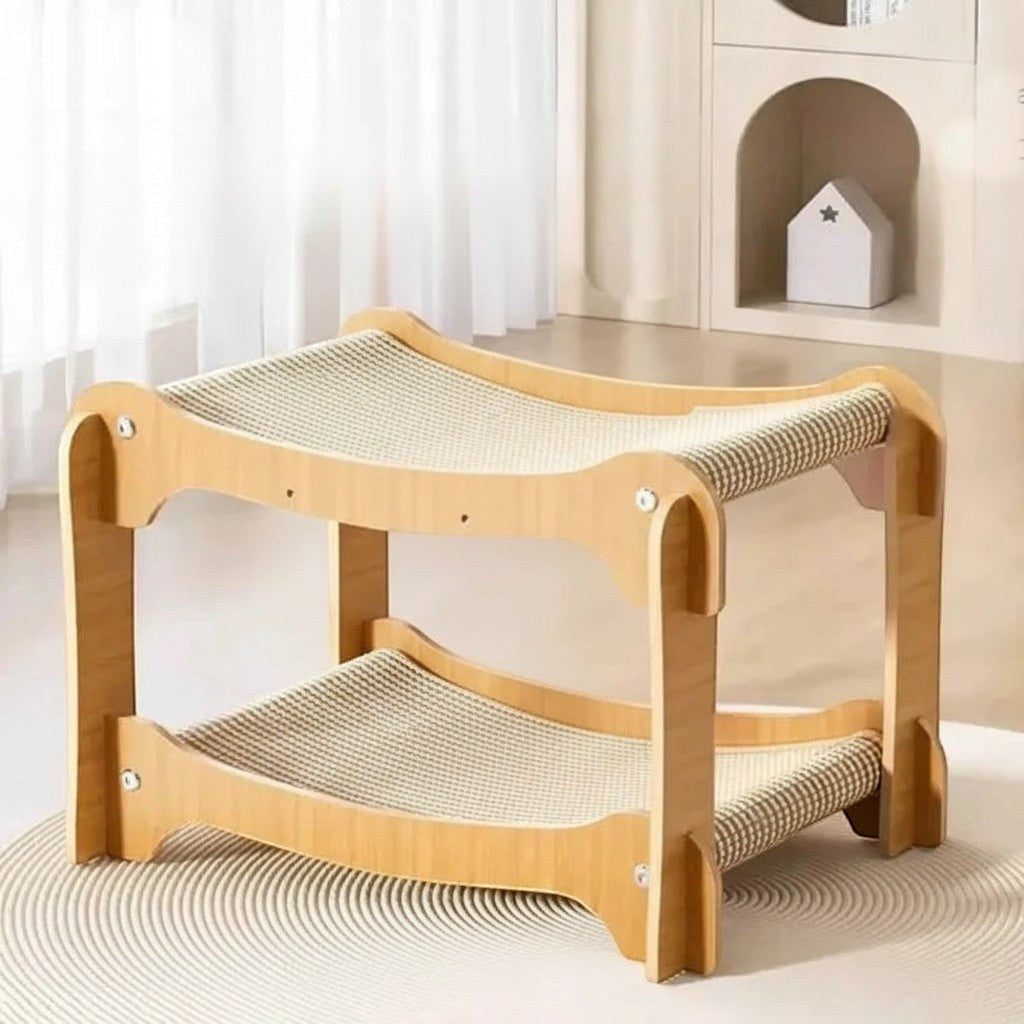 Lit superposé pour chat Esprit Chat en bois avec deux hamacs en sisal pour le repos et le grattage