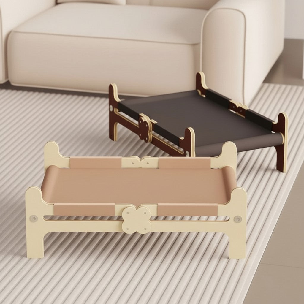 Lit pour chat Esprit Chat surélevé en bois avec tissu technique beige et marron pour un confort optimal