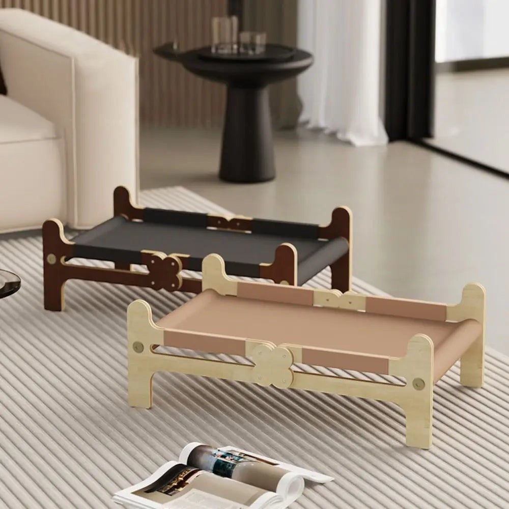 Lits pour chat Esprit Chat sur pieds en bois avec tissu technique, design surélevé moderne pour intérieur.