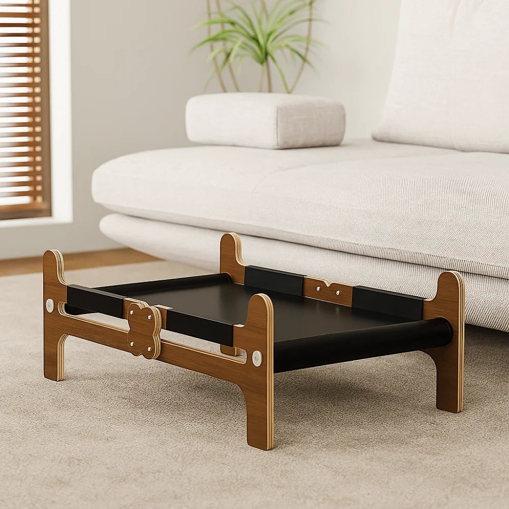 Lit pour chat Esprit Chat surélevé en bois et tissu technique noir, design moderne et stable pour intérieur