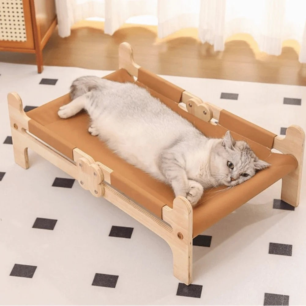 Lit pour chat Esprit Chat surélevé en bois avec toile marron confortable pour un repos optimal