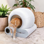 Litière intelligente Esprit Chat blanche, entièrement fermée, avec écran LED et nettoyage automatique. Un chat roux en sort.
