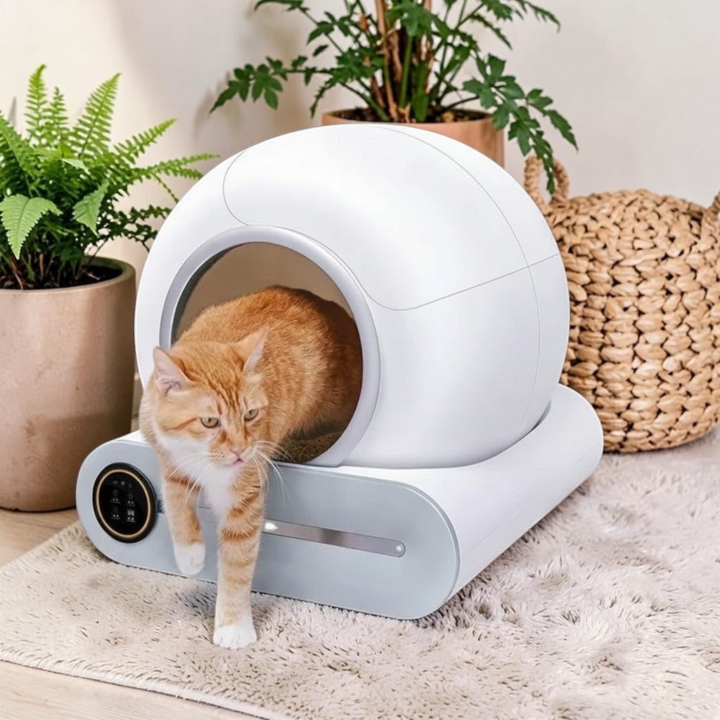 Litière intelligente Esprit Chat blanche, entièrement fermée, avec écran LED et nettoyage automatique. Un chat roux en sort.