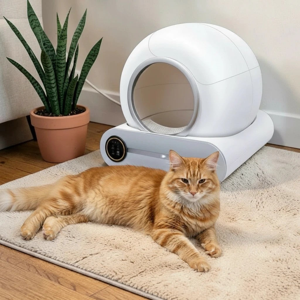 Litière intelligente fermée Esprit Chat blanche, autonettoyante, avec contrôle par application et un chat roux allongé à côté.