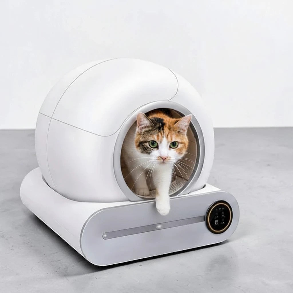 Litière intelligente OVOZI blanche et grise, entièrement fermée, avec un chat tricolore regardant vers l'avant.