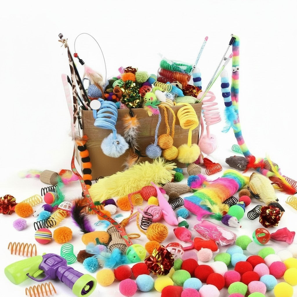 Lot de jouets pour chat Esprit Chat incluant des balles, ressorts, peluches colorées et accessoires interactifs