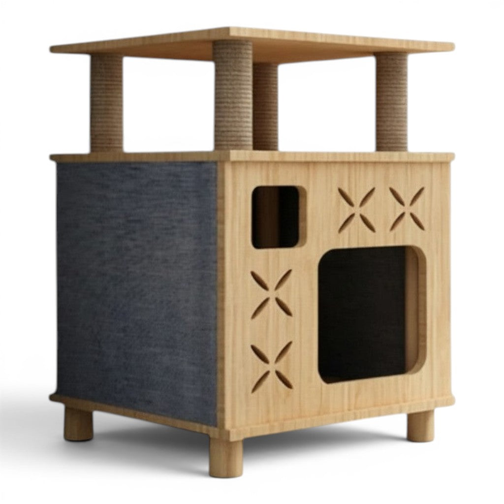 Maison pour chat Esprit Chat en bois avec deux niveaux, griffoirs en sisal et niches confortables pour le repos