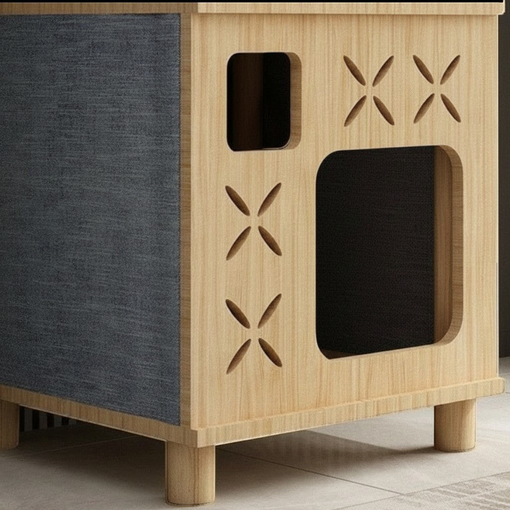 Maison pour chat Esprit Chat en bois clair et tissu gris avec ouvertures décoratives et pieds robustes