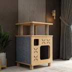Maison pour chat Esprit Chat à deux niveaux en bois clair et tissu bleu avec griffoirs en sisal et découpes décoratives