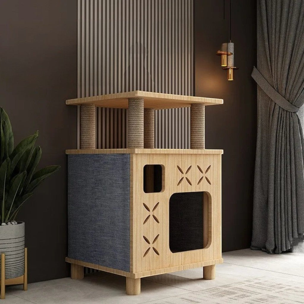 Maison pour chat Esprit Chat à deux niveaux en bois clair et tissu bleu avec griffoirs en sisal et découpes décoratives