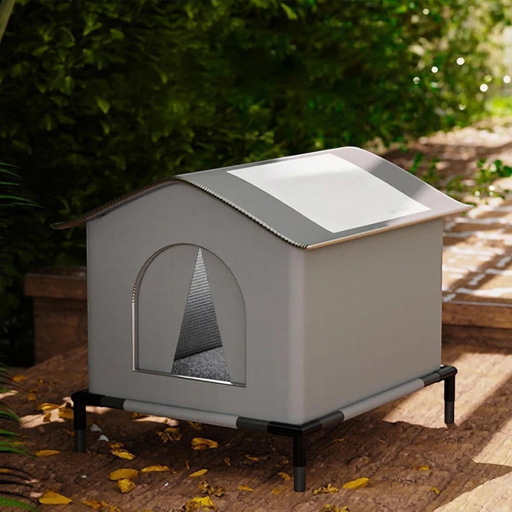 Maison pour chat Esprit Chat imperméable en tissu Oxford gris surélevée pour usage extérieur dans un jardin