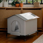 Maison pour chat Esprit Chat grise et imperméable en tissu Oxford sur pieds, idéale pour l'intérieur ou l'extérieur.