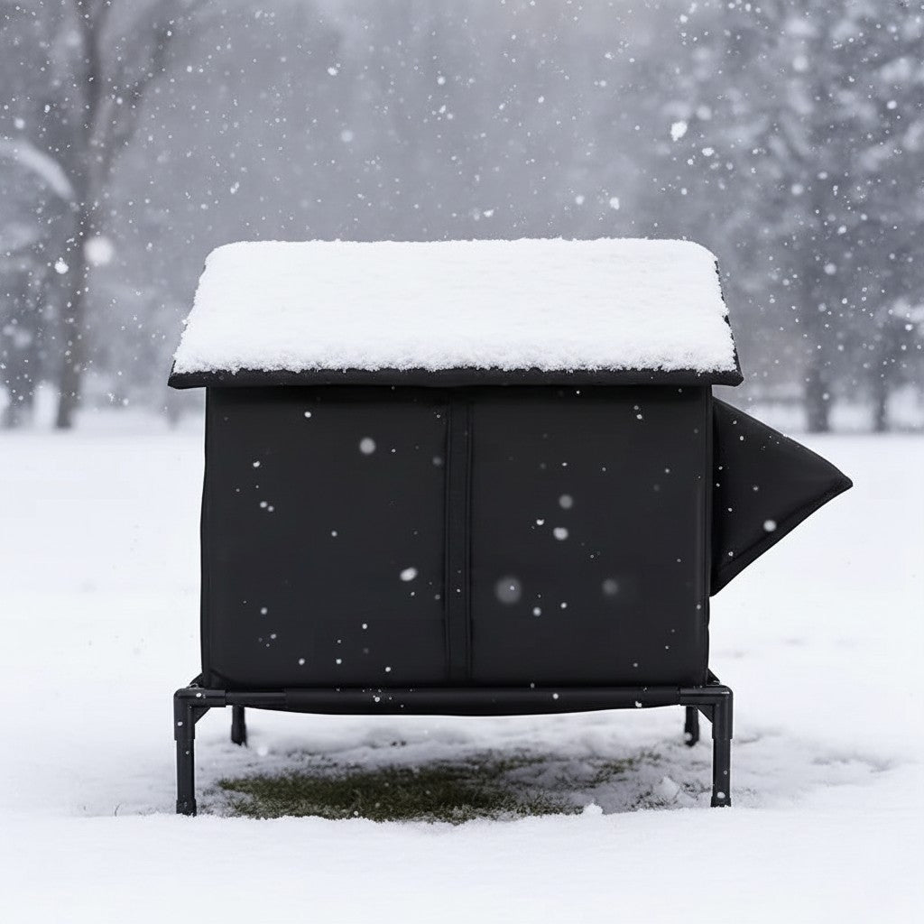 Maison Esprit Chat pour extérieur en tissu Oxford imperméable et isolant, installée sous la neige en hiver.