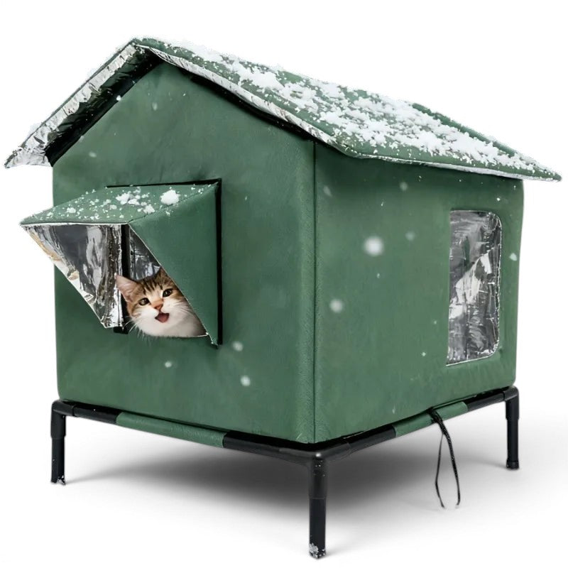 Maison pour chat Esprit Chat imperméable en tissu Oxford vert, surélevée et isolée pour l'hiver en extérieur