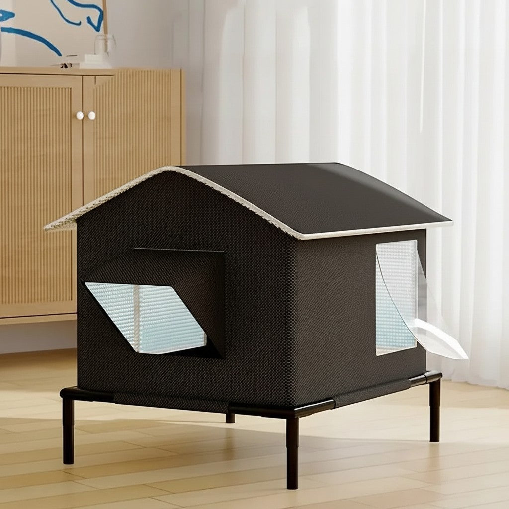 Maison pour chat Esprit Chat sur pieds, imperméable et noire, idéale pour l'intérieur ou l'extérieur.