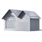 Maison pour chat Esprit Chat grise en forme de villa avec toit double pente et motifs d'étoiles sur la façade