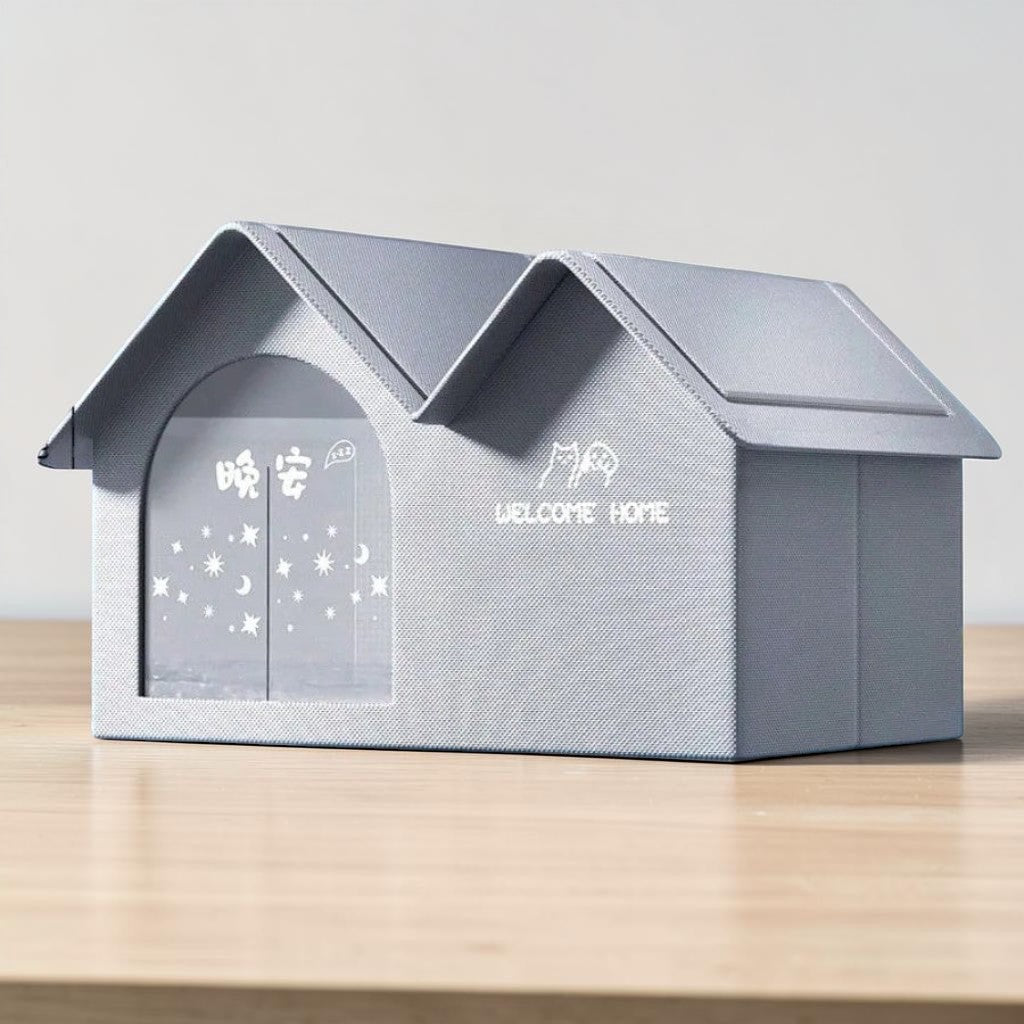 Maison pour chat Esprit Chat grise en forme de villa avec toit double pente et motifs d'étoiles sur la porte