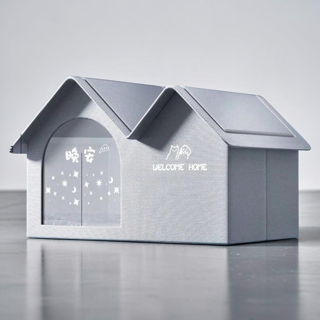 Maison pour chat Esprit Chat grise en forme de villa avec toit double pente et motifs d'étoiles sur la façade