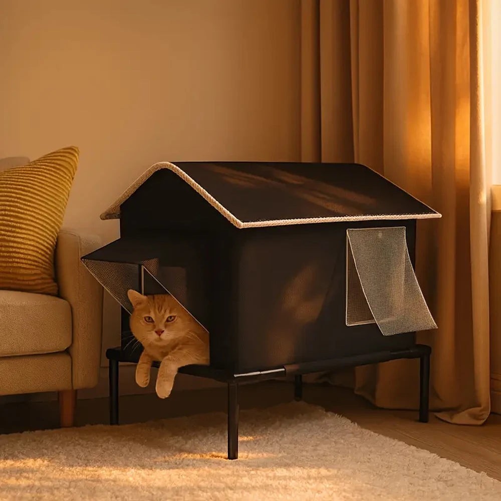 Maison pour chat Esprit Chat noire sur pieds avec toit en pente et fenêtres grillagées pour intérieur ou extérieur