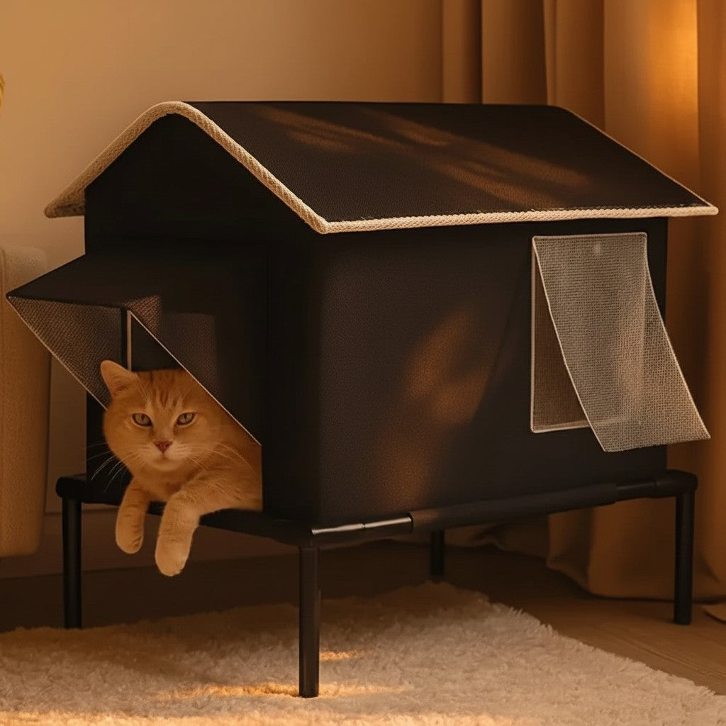 Maison pour chat Esprit Chat noire sur pieds avec toit incliné et fenêtre, idéale pour l'intérieur ou l'extérieur.