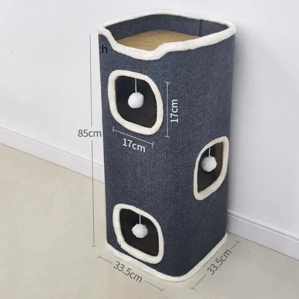 Maison pour chat Esprit Chat à trois niveaux en velours côtelé gris avec jouets suspendus et entrées carrées