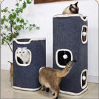 Maison pour chat Esprit Chat en velours côtelé gris avec plusieurs niveaux et ouvertures pour le repos