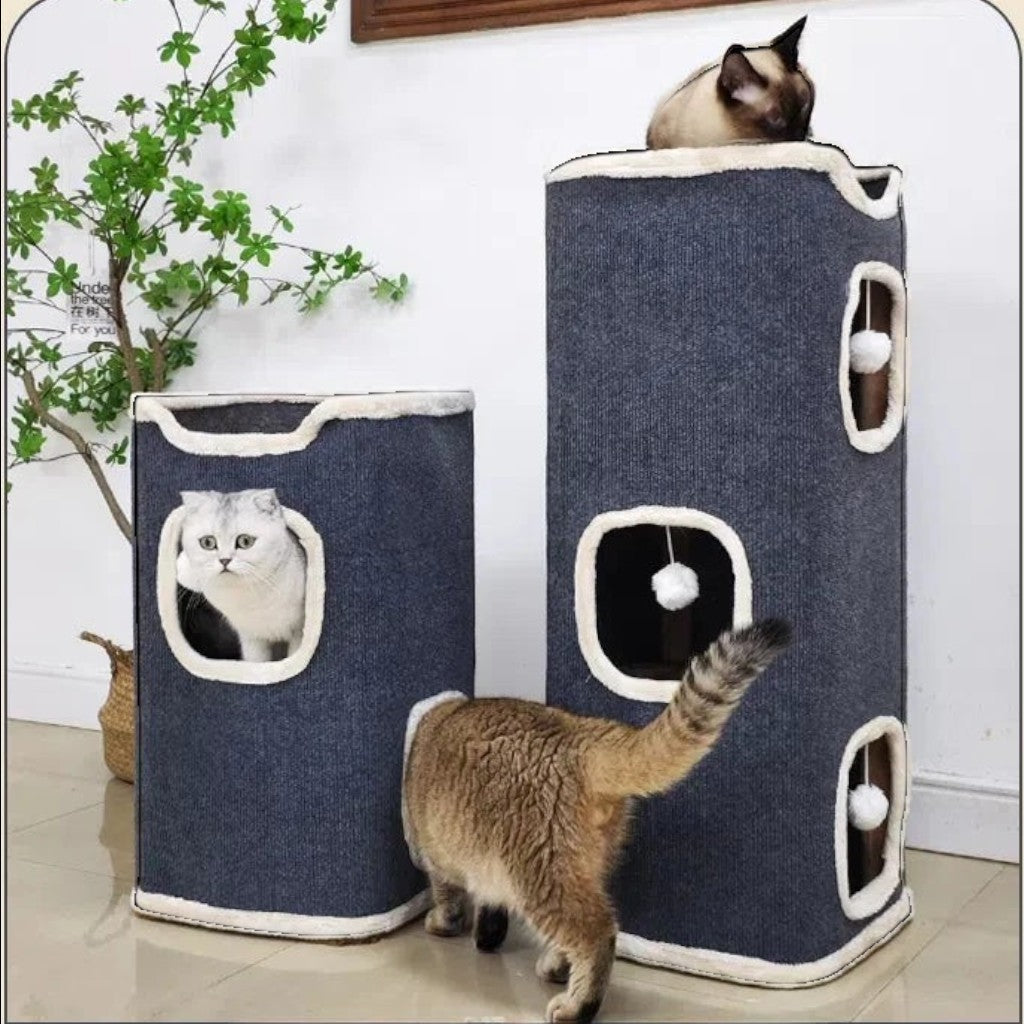 Maison pour chat Esprit Chat en velours côtelé gris avec plusieurs niveaux et ouvertures pour le repos
