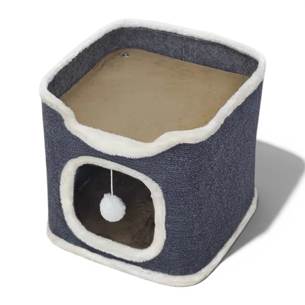 Maison pour chat Esprit Chat carrée en velours côtelé gris avec intérieur confortable et jouet pompon suspendu