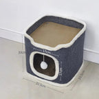 Maison pour chat Esprit Chat en velours côtelé gris avec intérieur confortable et jouet pompon suspendu