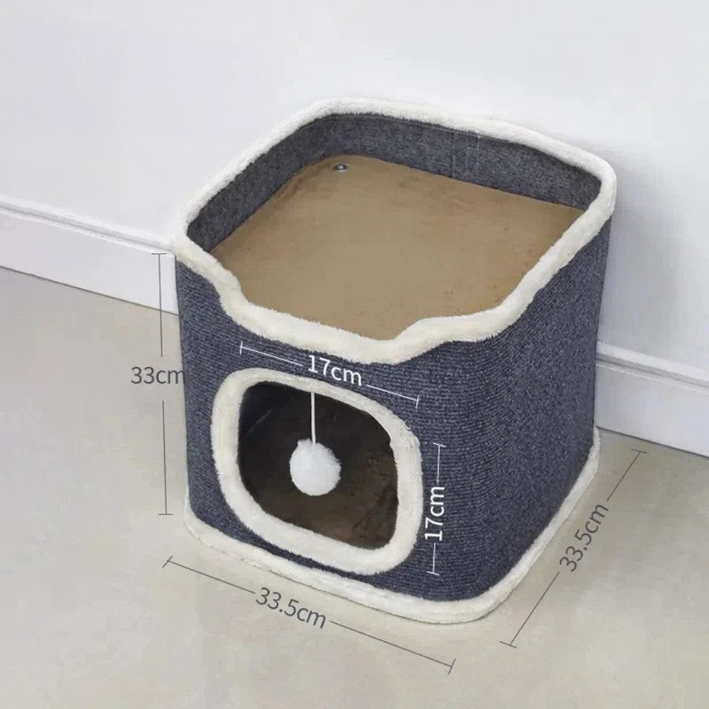 Maison pour chat Esprit Chat en velours côtelé gris avec intérieur confortable et jouet pompon suspendu