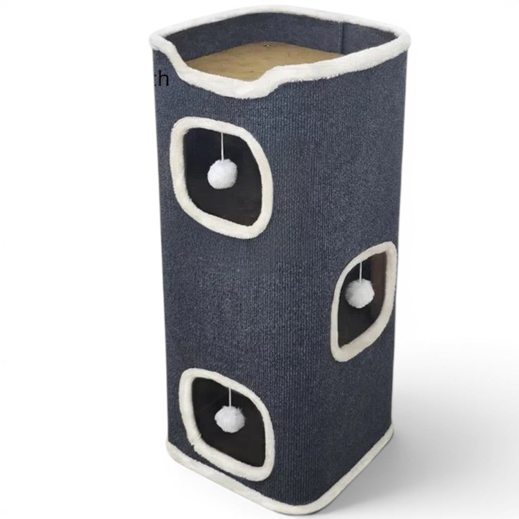 Maison pour chat Esprit Chat à trois niveaux en velours côtelé gris avec ouvertures et pompons suspendus