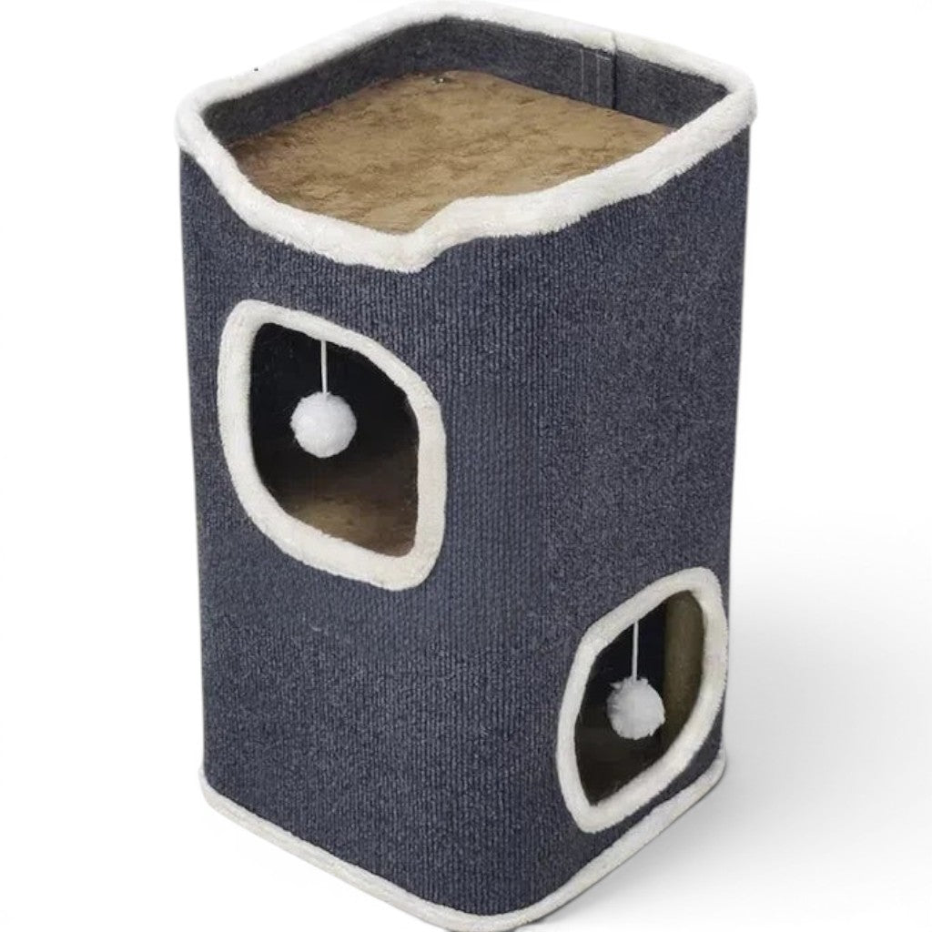 Maison pour chat Esprit Chat à deux niveaux en velours côtelé gris avec balles suspendues pour le repos intérieur